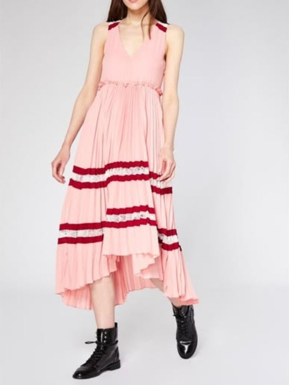 $490 NWT Maje Ritello Pink Accordian Pleated Sleeveless Lace Career Midi Dress